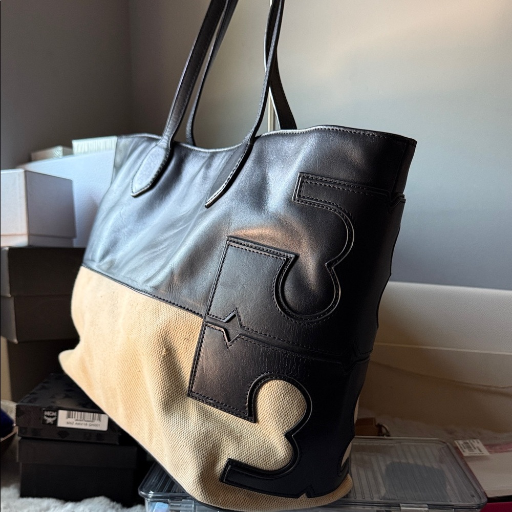 Tory Burch Black and Tan Leather Canvas Tote - Picture 2 of 14